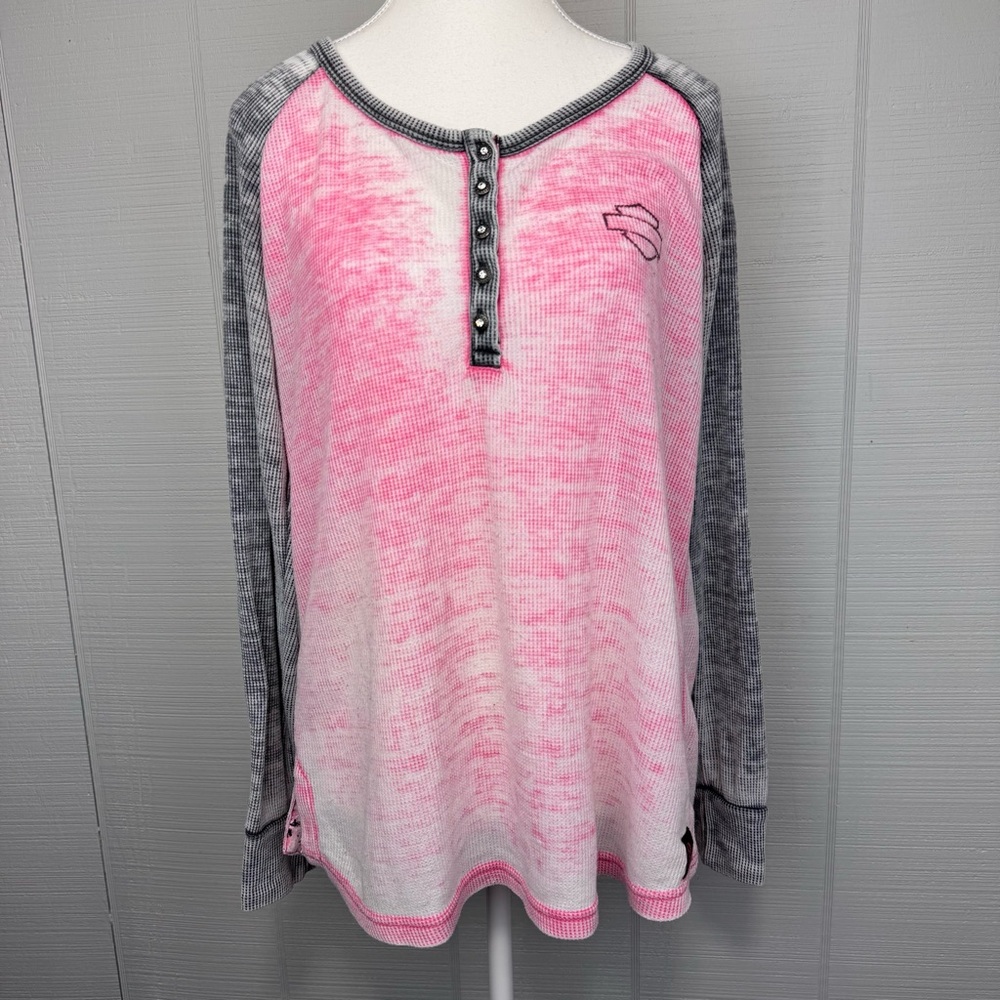 Harley Davidson Pink Ribbon Heather Waffle Baseball T-shirt Rhinestone Logo L